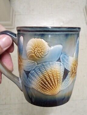 Stoneware Cup Mug Seashell Star Ocean Theme Holds 12 Ounces 4" Tall Beach Ocean